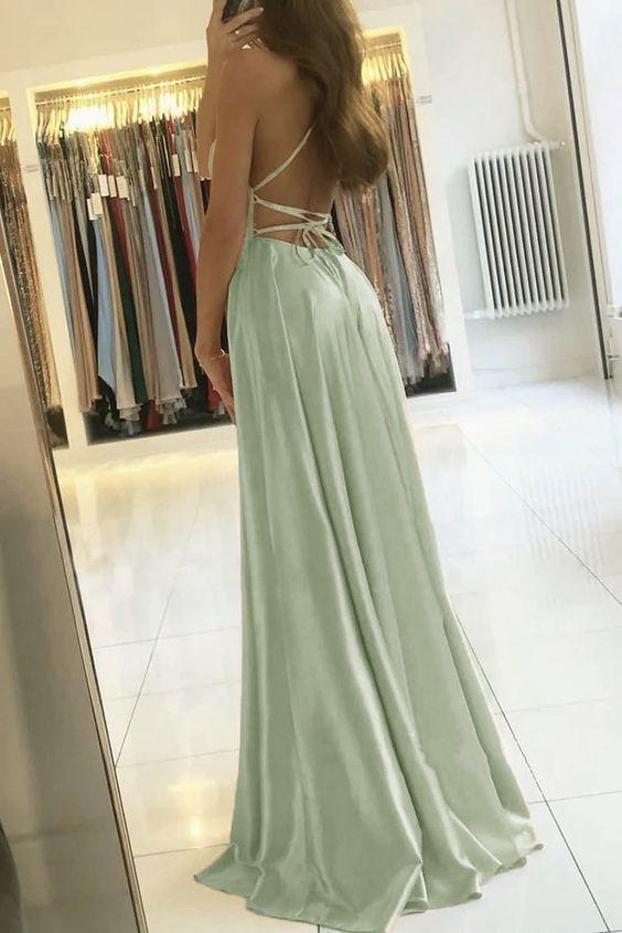 Vestido de fiesta verde salvia con abertura, sencillo, corte A, largo, de noche