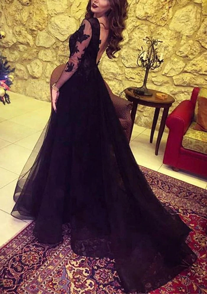 Glamoroso vestido de noche negro de encaje y manga larga, vestidos de fiesta con abertura en la pierna