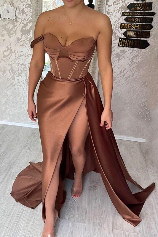 Vestidos de noche formales con escote en forma de corazón de chocolate, vestidos de fiesta con corsé sexy, vestido de fiesta de satén con abertura lateral