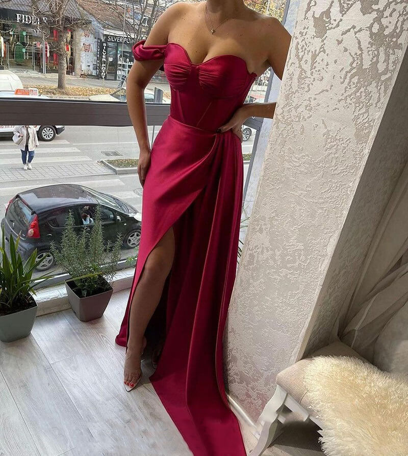 Vestidos de noche formales con escote en forma de corazón de chocolate, vestidos de fiesta con corsé sexy, vestido de fiesta de satén con abertura lateral