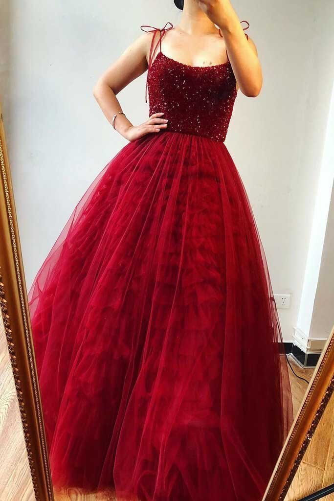 Spaghetti Straps Beaded Bodice Long Burgundy Prom Dresses Evening Gown GP159