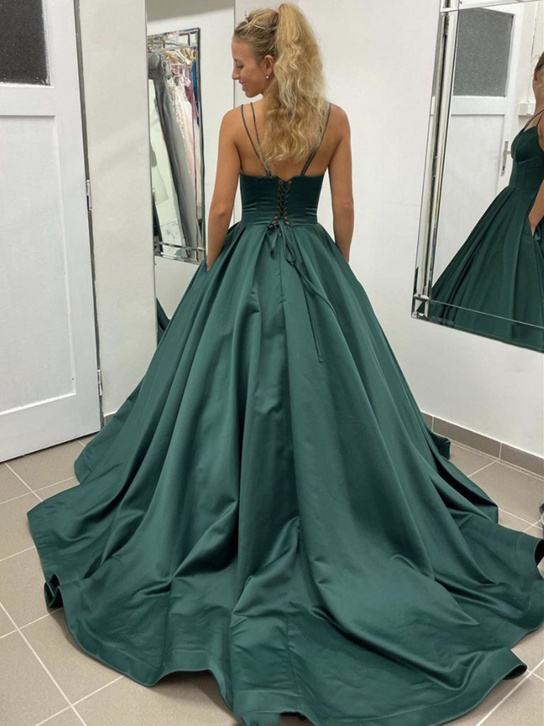 A Line Spaghetti Straps Dark Green Satin Prom Dress,Long Formal Dress,WP366