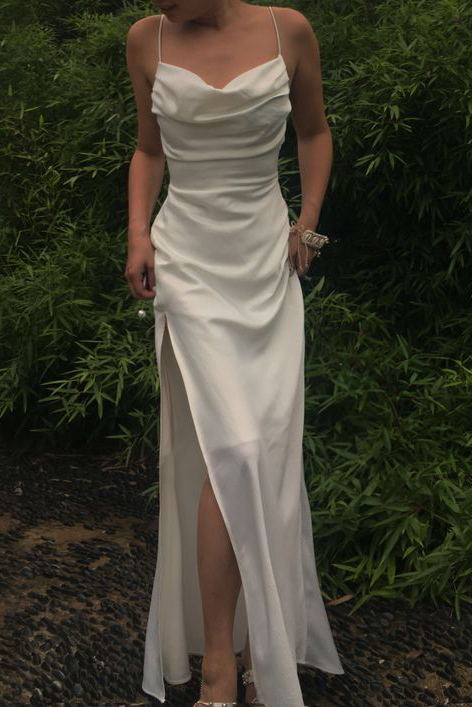 Spaghetti Straps Simple Long Prom Dresses With Split, Slit Evening Gowns GP313