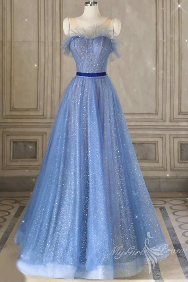 Sparkly A-Line Tulle Blue Long Prom Dresses, Blue Sleeveless Formal Dress GP446