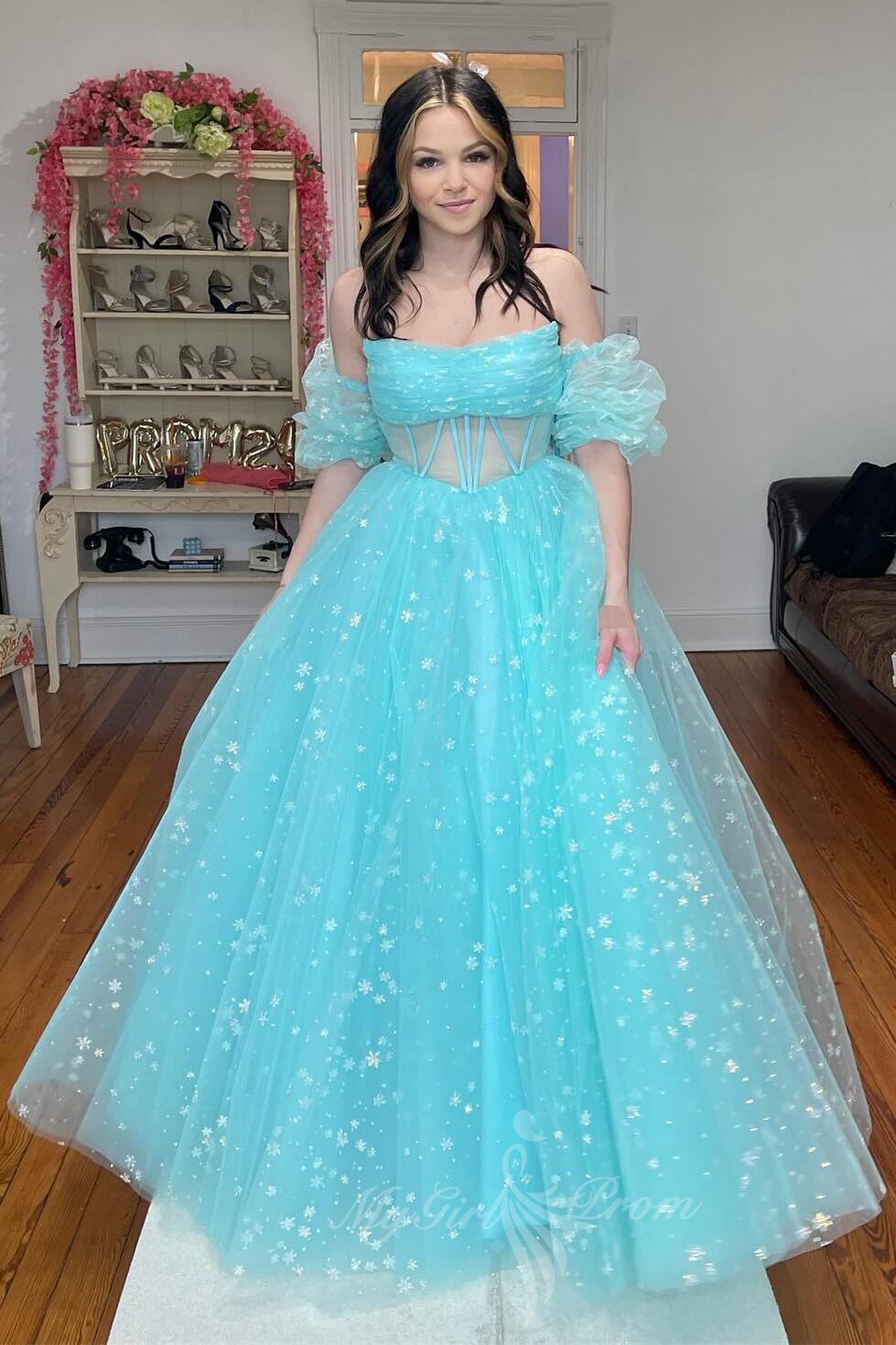 Strapless Pink Starry Tulle Long Prom Dress Princess Formal Gown GP701