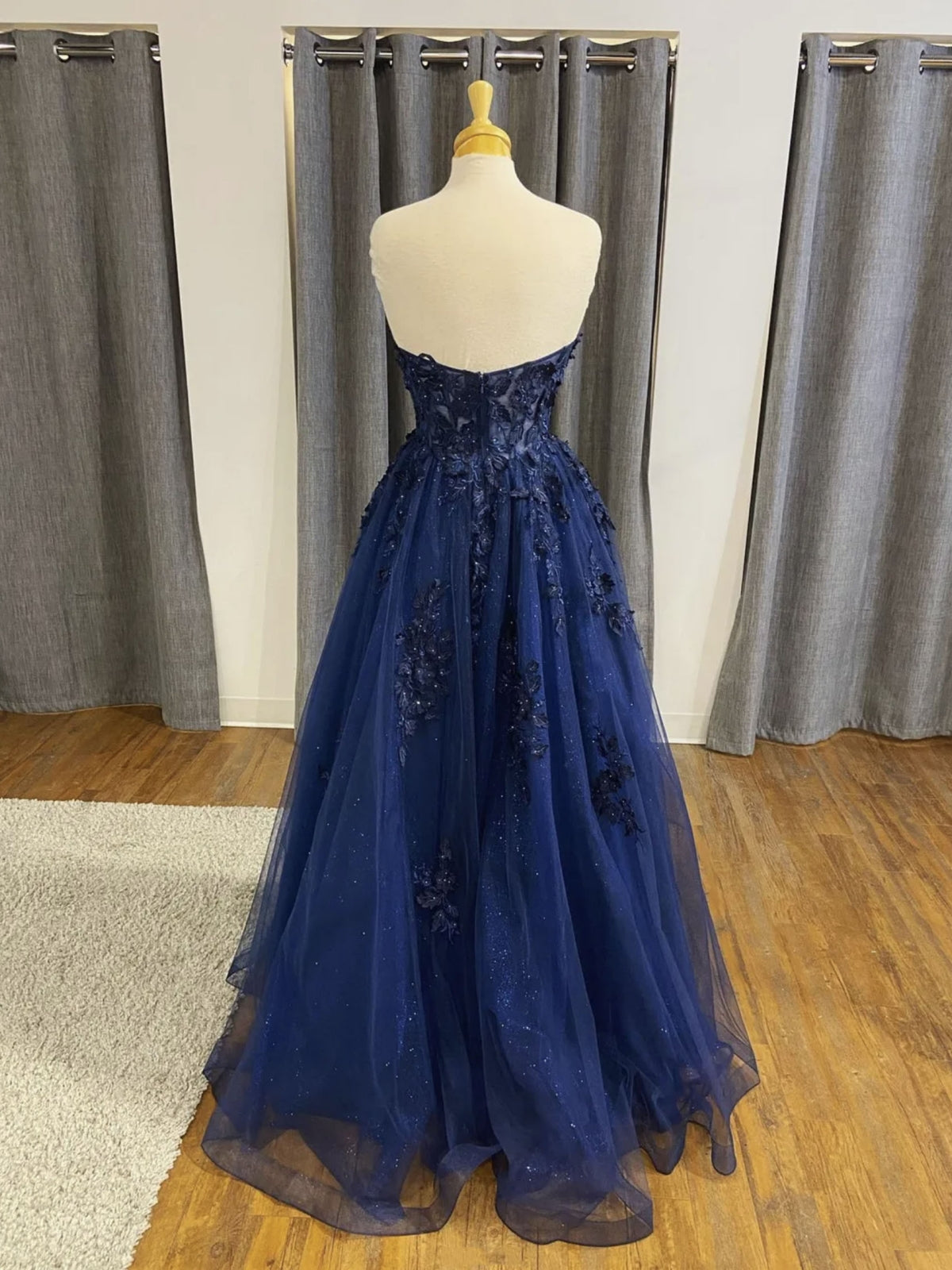Vestido de fiesta largo azul marino con encaje y cuentas, espalda abierta, vestido formal de graduación