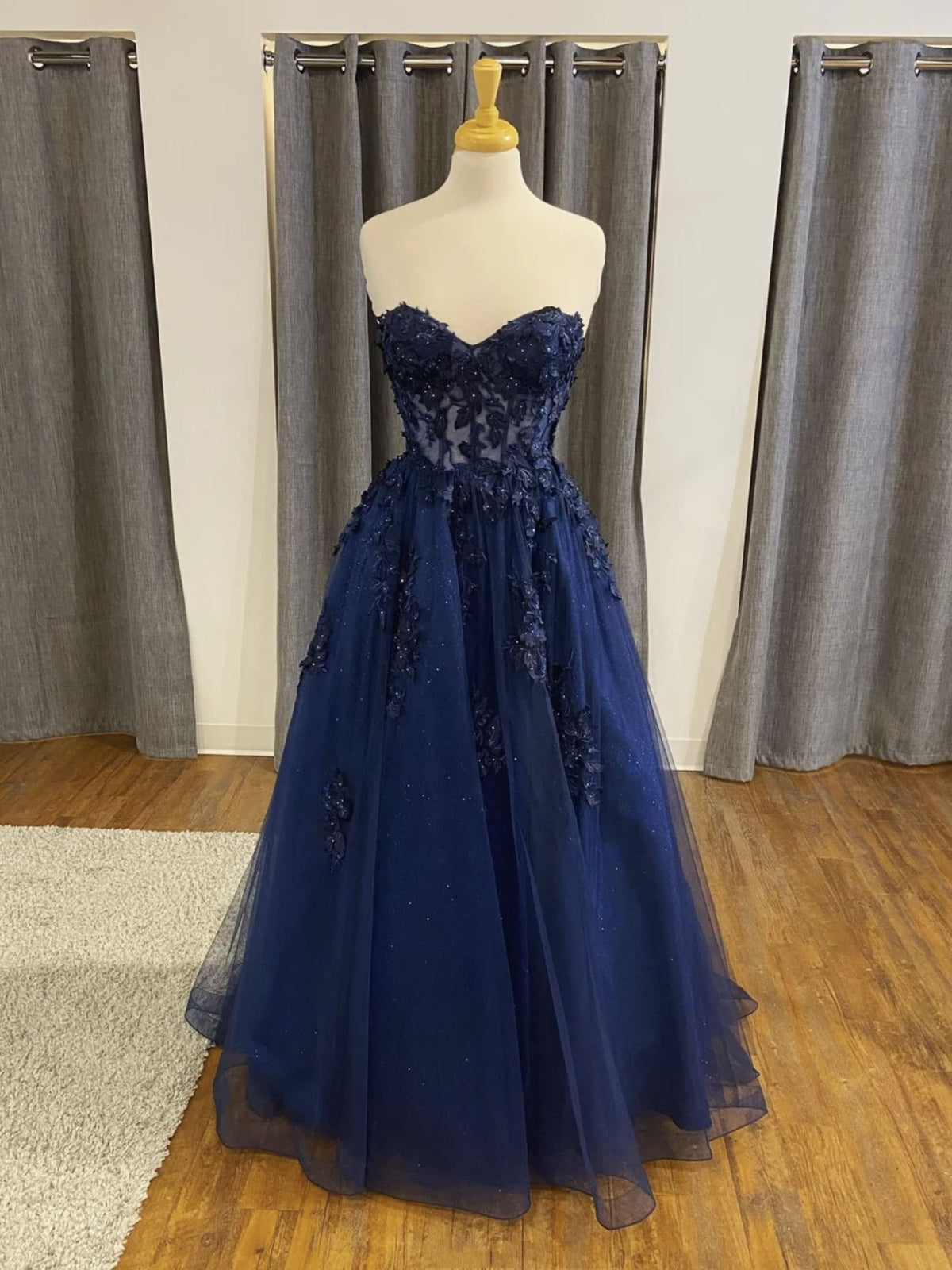 Vestido de fiesta largo azul marino con encaje y cuentas, espalda abierta, vestido formal de graduación
