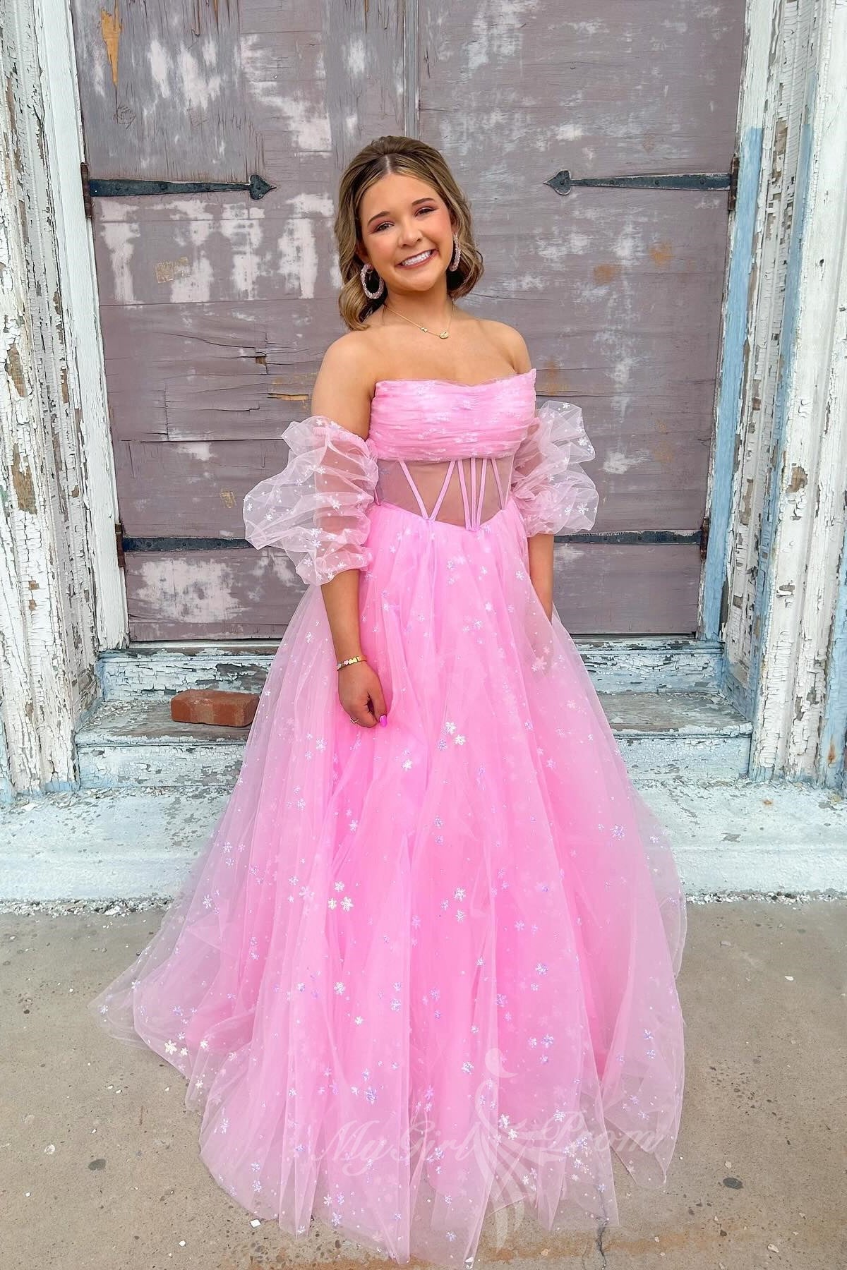 Strapless Pink Starry Tulle Long Prom Dress Princess Formal Gown GP701