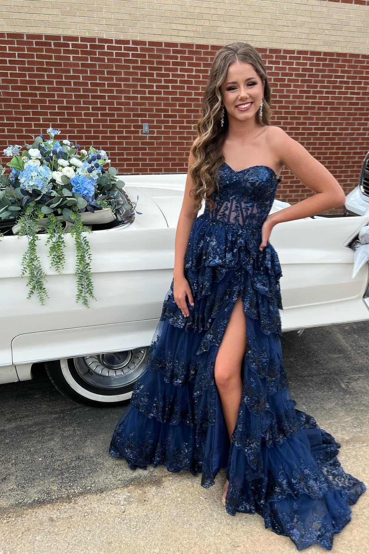 Gorgeous Navy Blue Tiered Tulle Long Formal Dress with Slit
