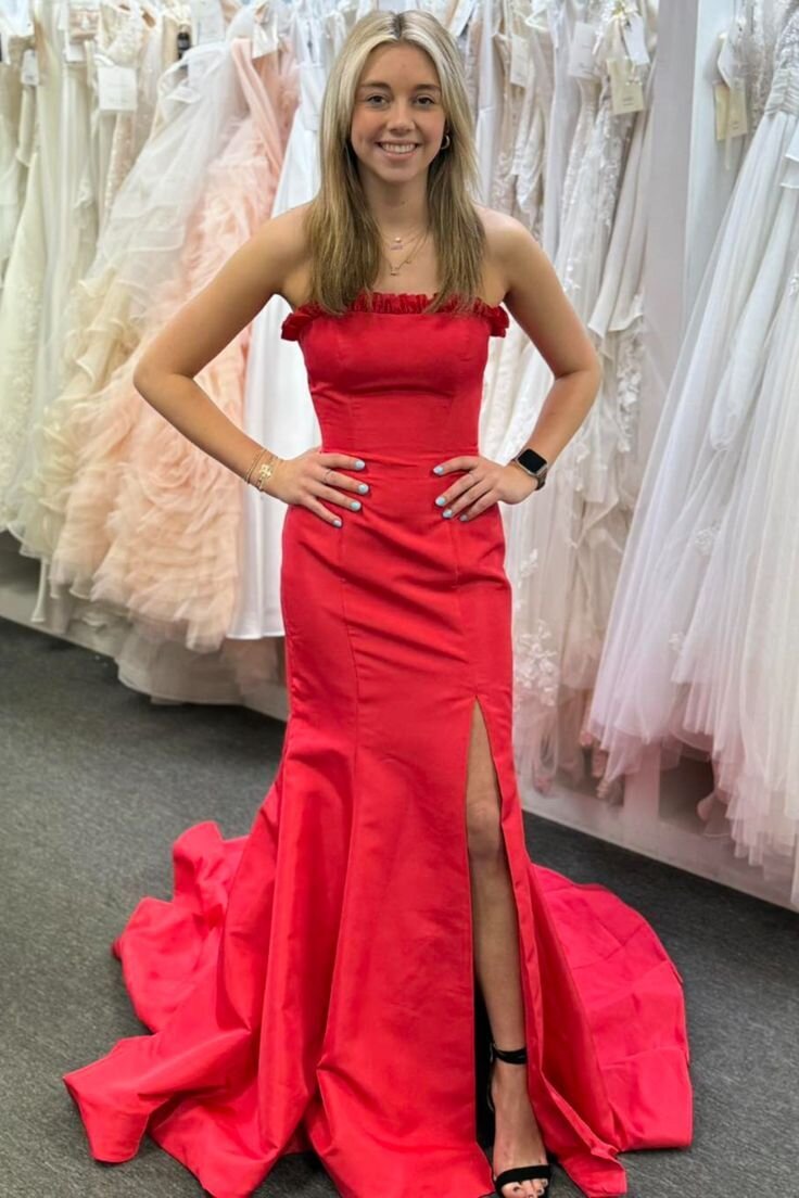 Yellow Strapless Satin Mermaid Slit Graduation Gown, Long Prom Dresses GP591