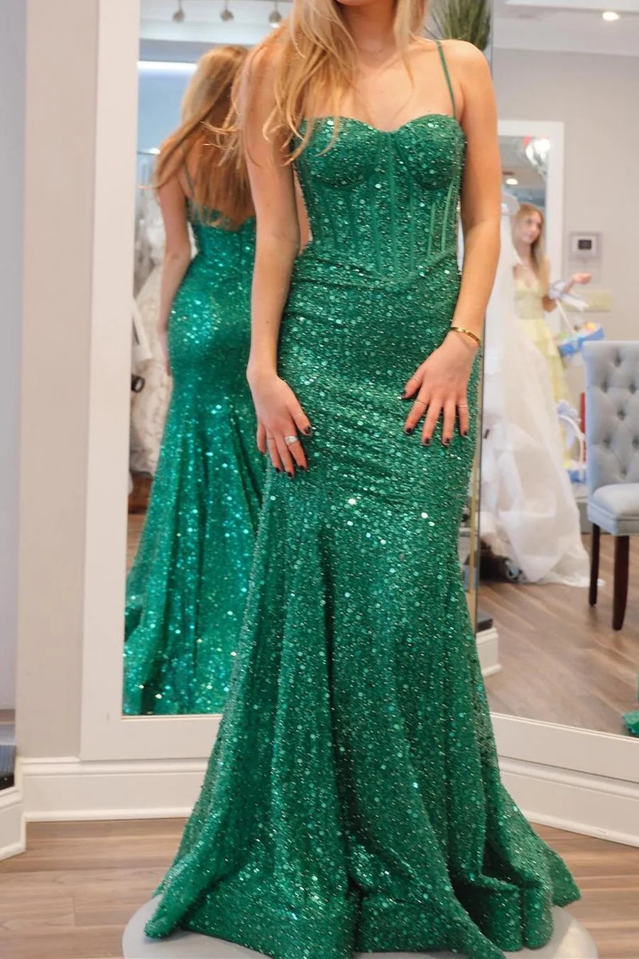 Straps Light Blue Sequin Long Formal Dress with Beaded
