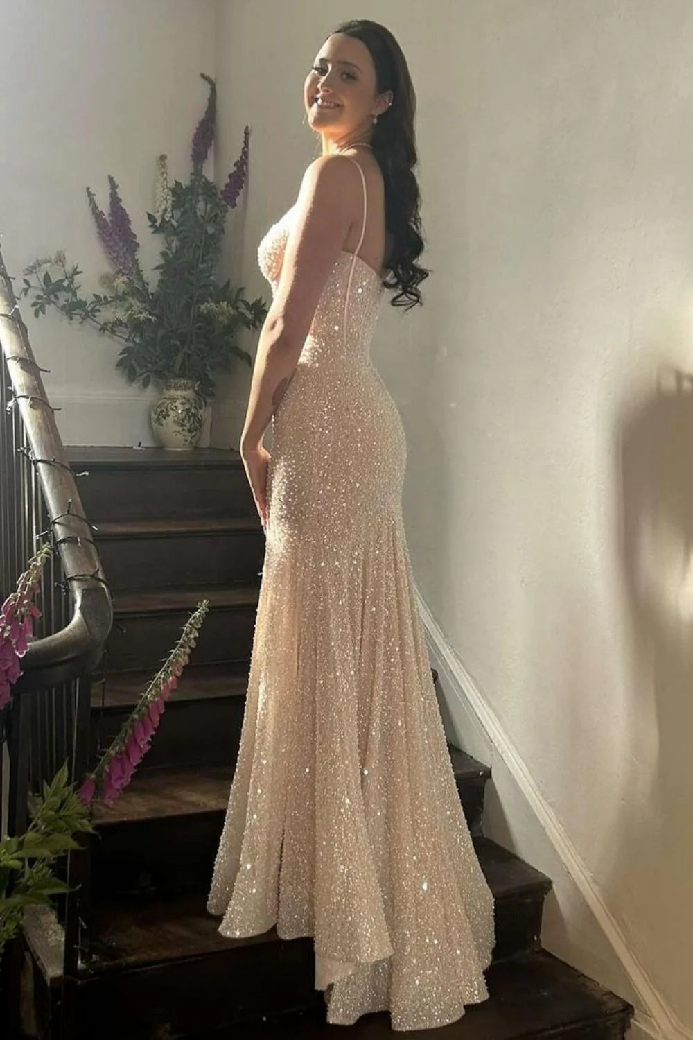 Straps Light Blue Sequin Long Formal Dress with Beaded