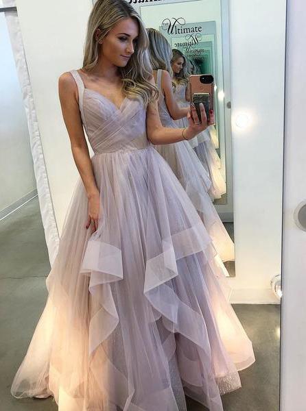 A-line Long Prom Dresses Lavender Tiered Tulle Sleeveless Evening Gown GP14