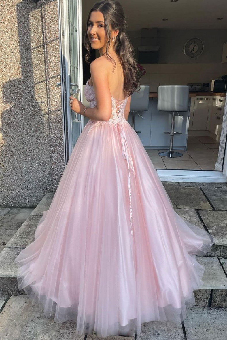 Sweetheart Lace Top Tulle Pink Long Prom Dress, Pink Formal Gown GP143