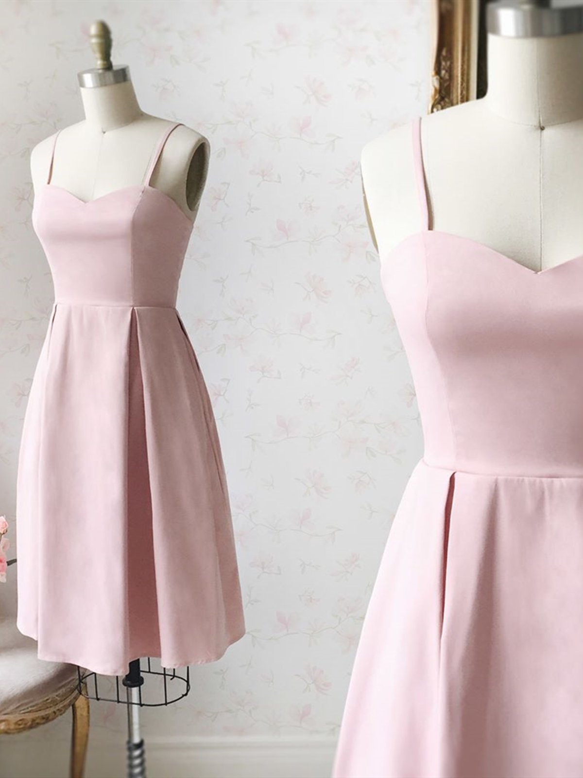 Vestidos de fiesta cortos de satén rosa con escote corazón, vestidos formales cortos rosas para graduación y regreso a casa.