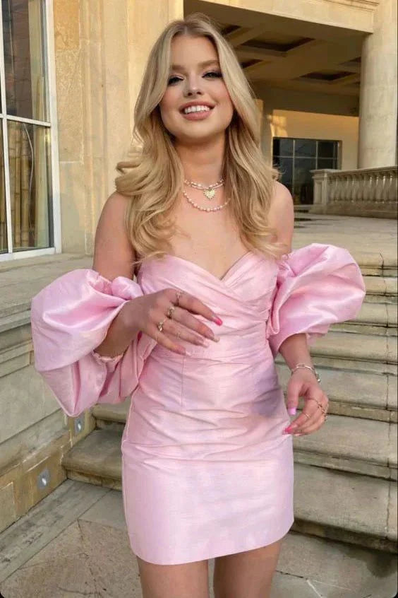 Charming Sweetheart Pink Bubble Sleeves Design A-line Satin Homecoming Dress TP3598
