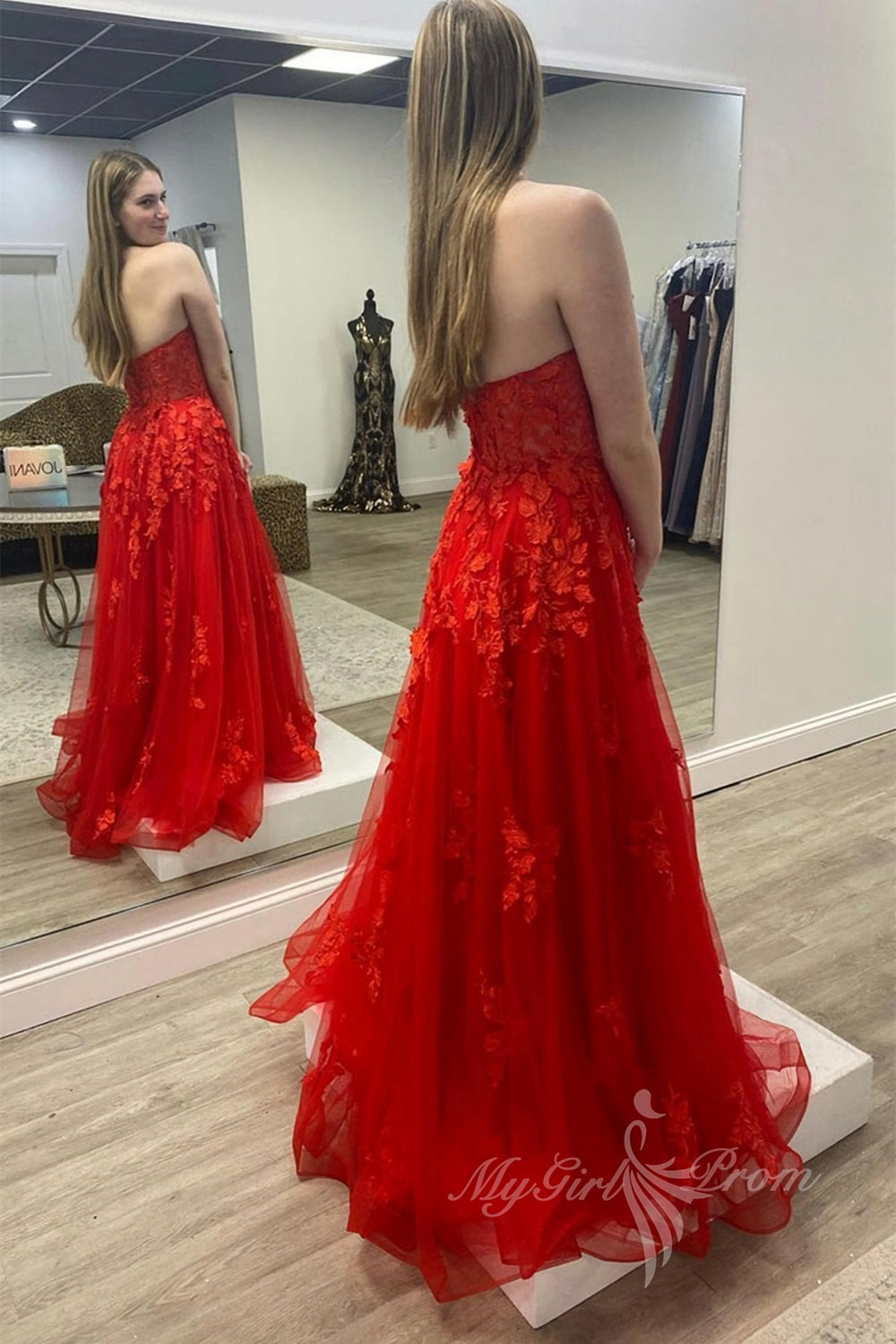 Sweetheart Red Tulle Long Prom Dress With Lace Appliques, Long Formal Dress GP484