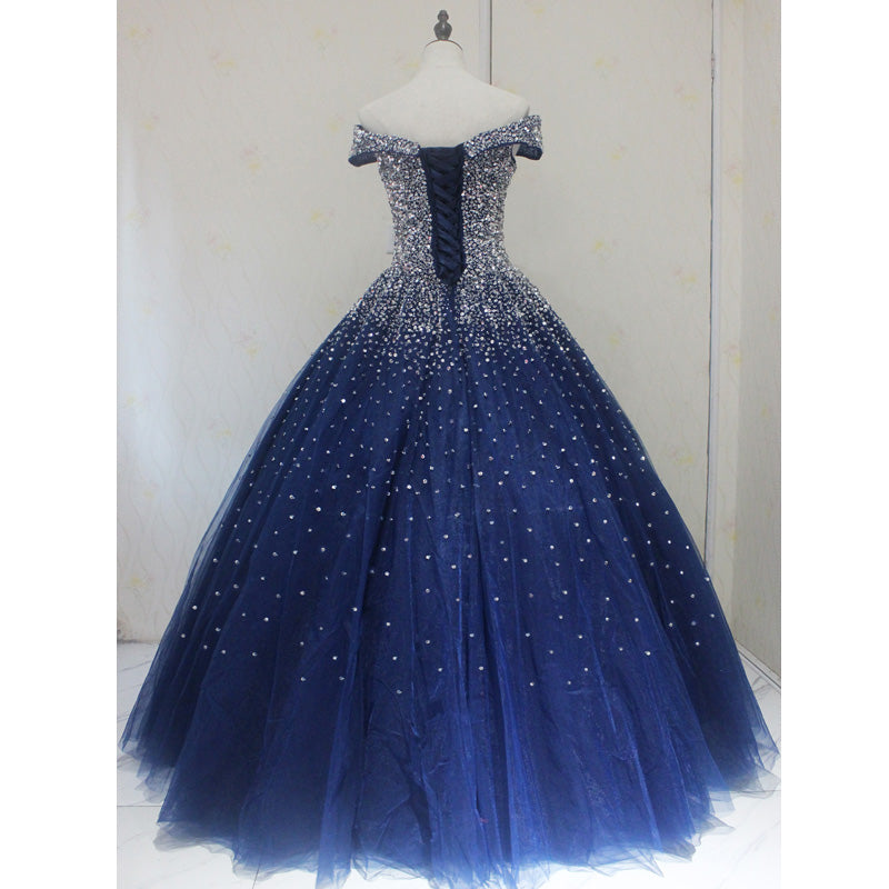 Vestido de fiesta azul marino brillante con hombros descubiertos, vestidos de fiesta con cuentas rojas y negras