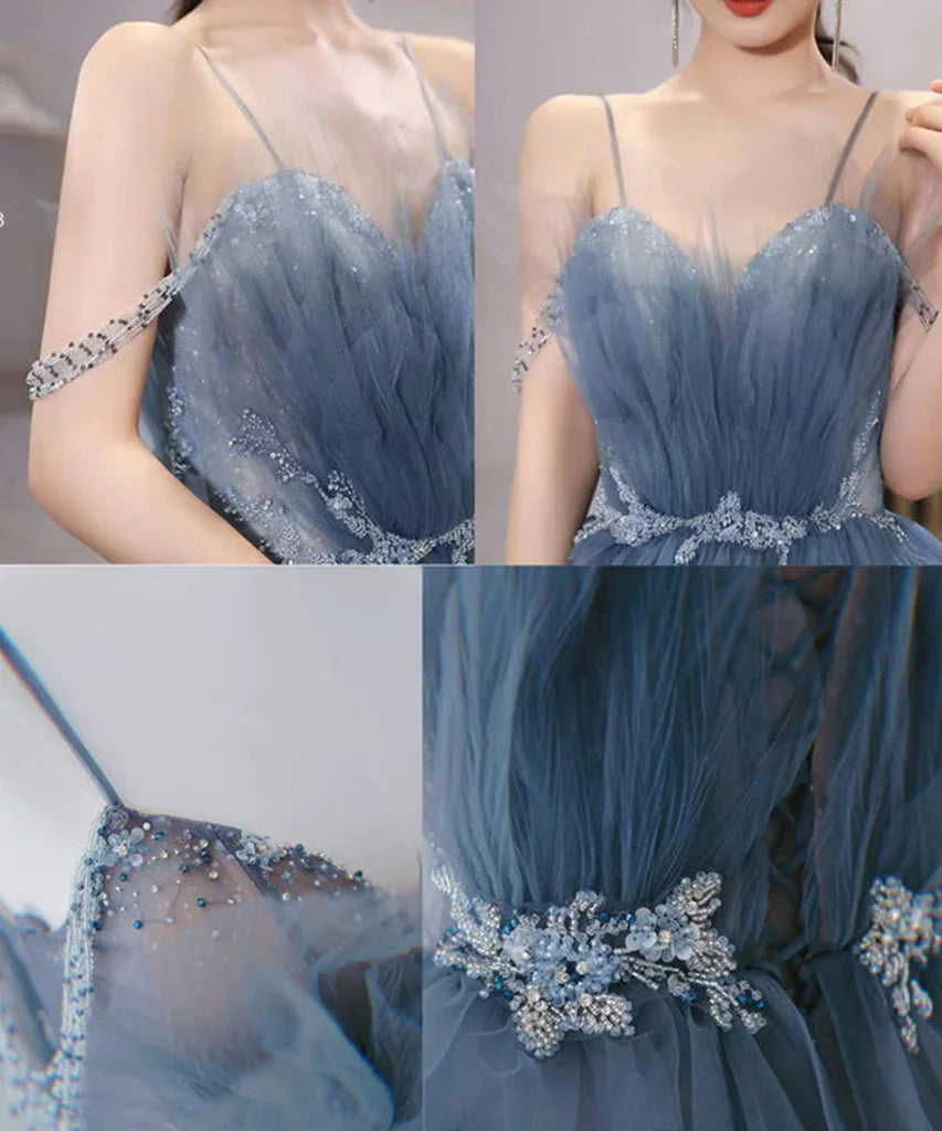 Hermoso vestido de fiesta de tul azul brillante con cuentas, vestido formal escalonado con diamantes de imitación TP01