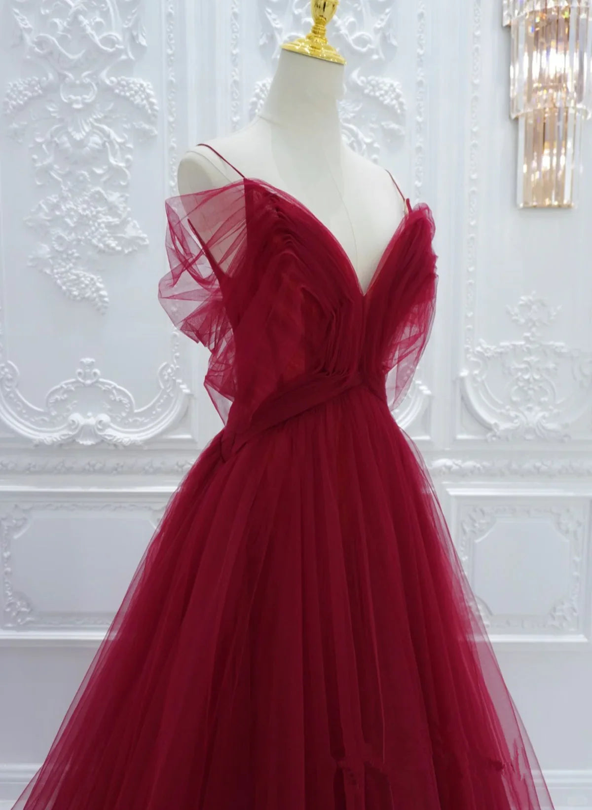 Vestido formal rojo de tul con hombros descubiertos, corte A, vestido de noche largo de tul rojo, vestido de fiesta TP1110