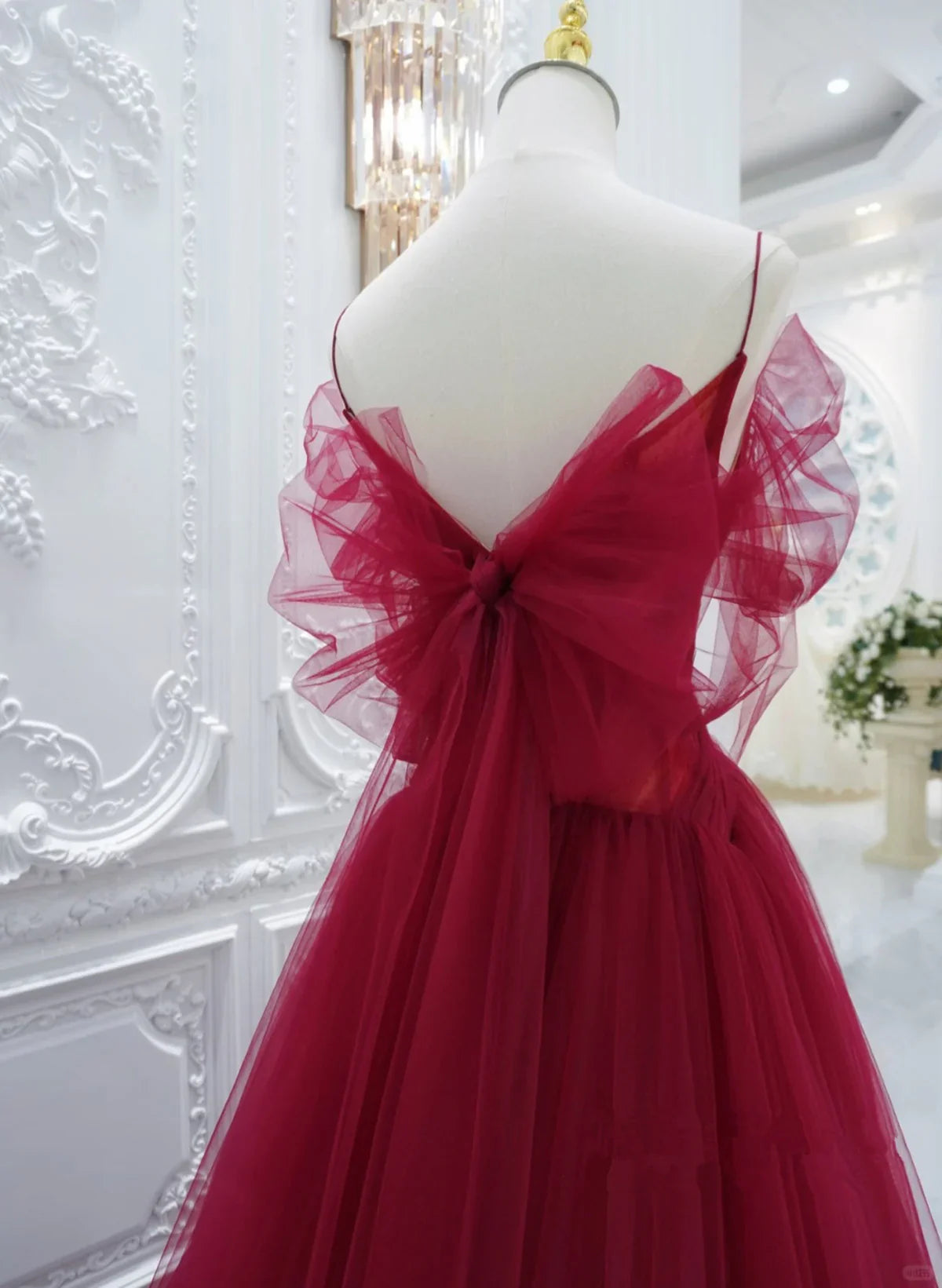 Vestido formal rojo de tul con hombros descubiertos, corte A, vestido de noche largo de tul rojo, vestido de fiesta TP1110
