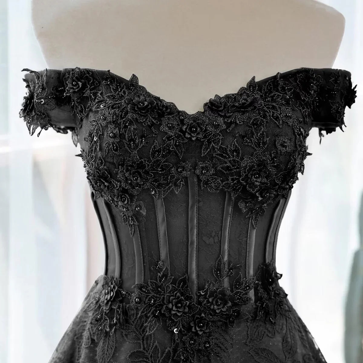 A-line Black Off Shoulder Long Lace Party Dress, Off Shoulder Prom Dress TP1116