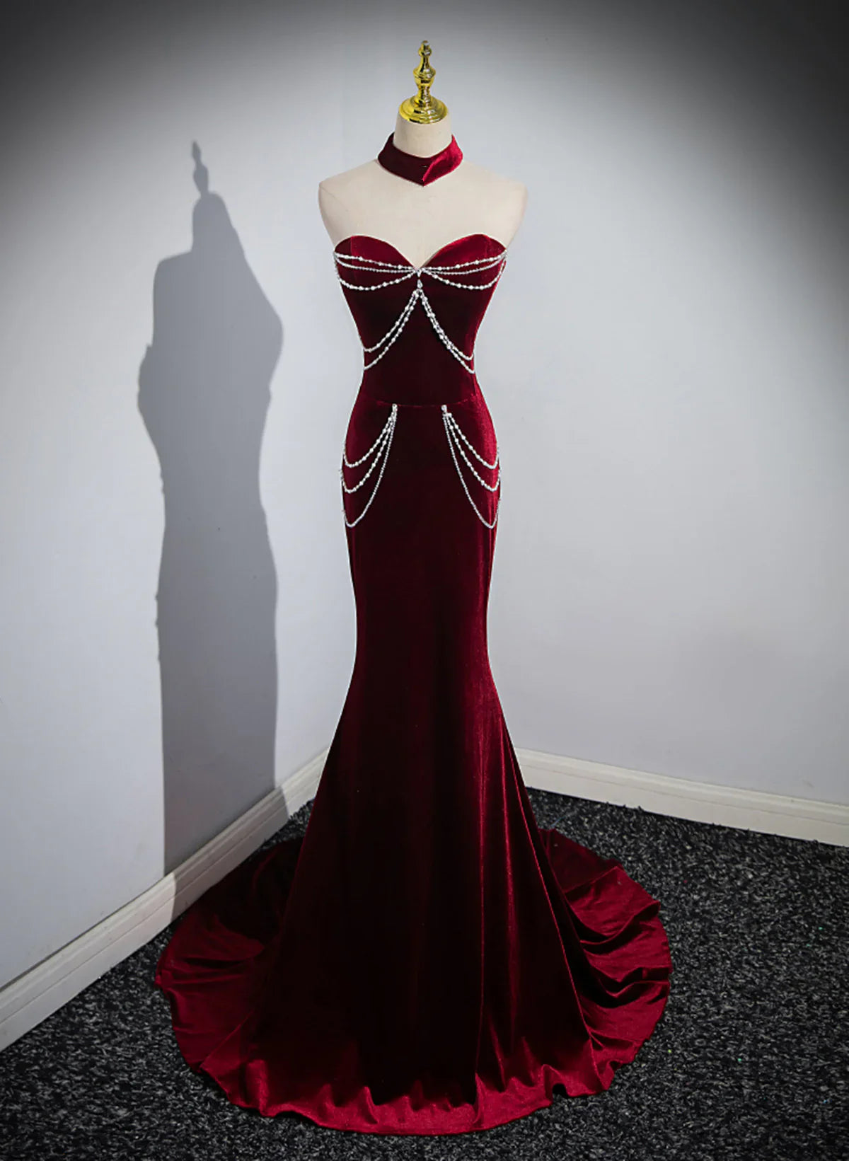Off Shoulder Wine Red Mermaid Long Party Dress, Wine Red Velvet Prom Dress TP1119