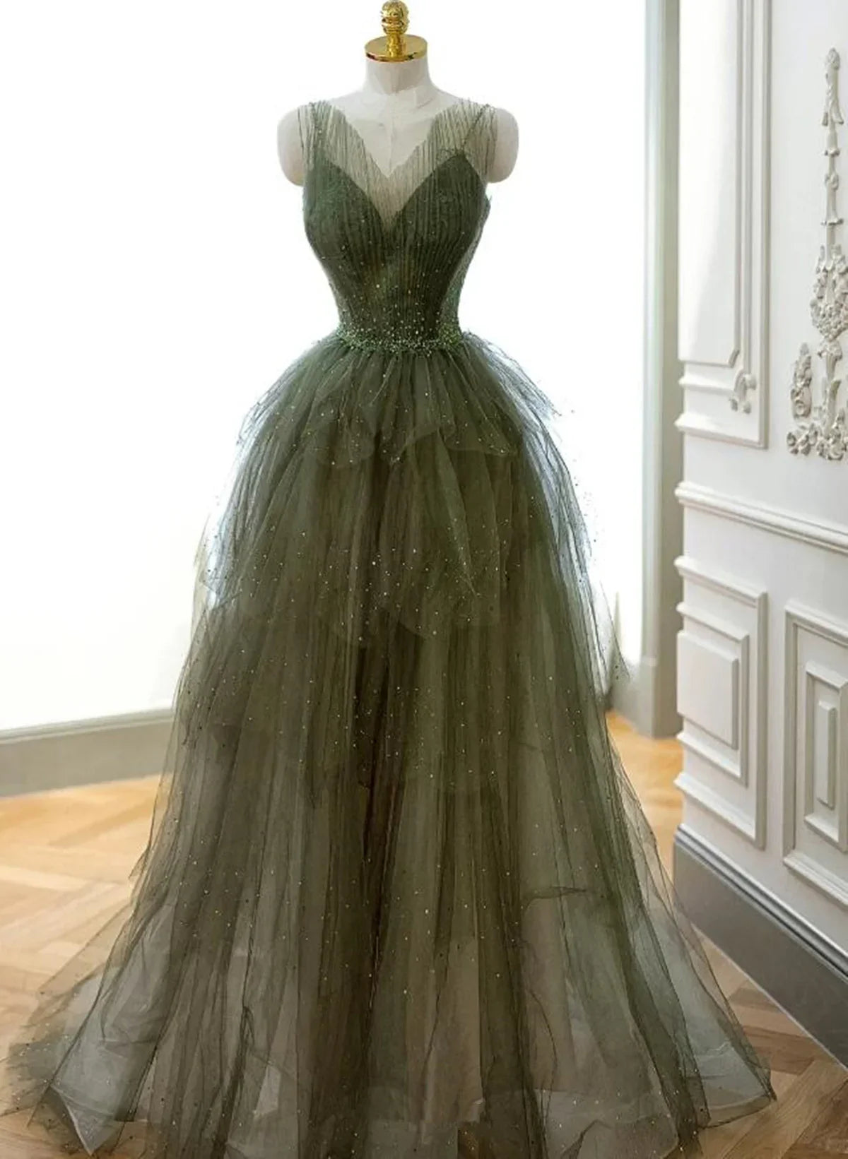 Green Tulle Beaded Straps Long Evening Dress, Green Tulle Prom Dress Party Dress TP1120