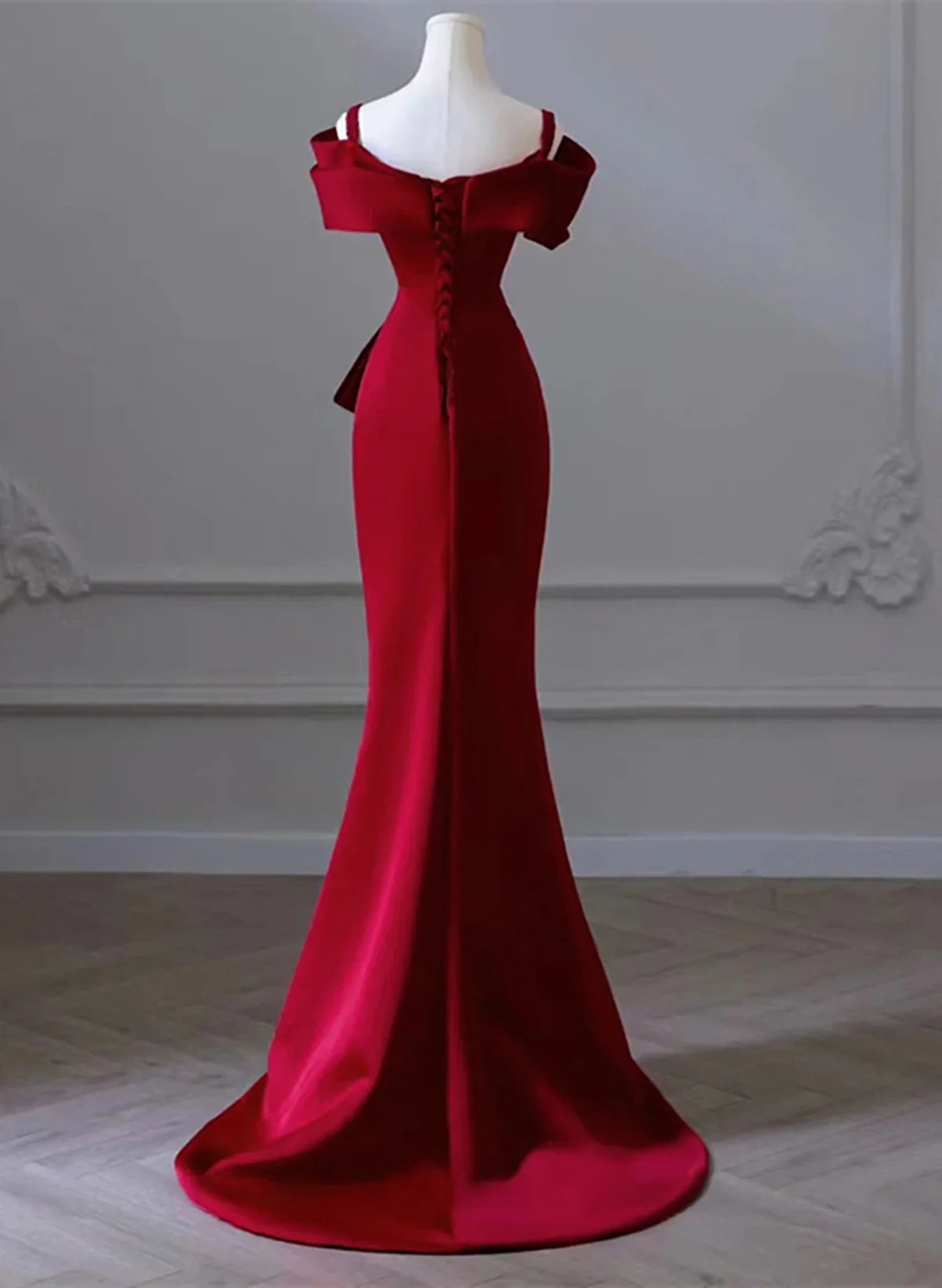 Vestido de noche largo de satén rojo vino con hombros descubiertos, vestido formal rojo vino, vestido de fiesta TP1123