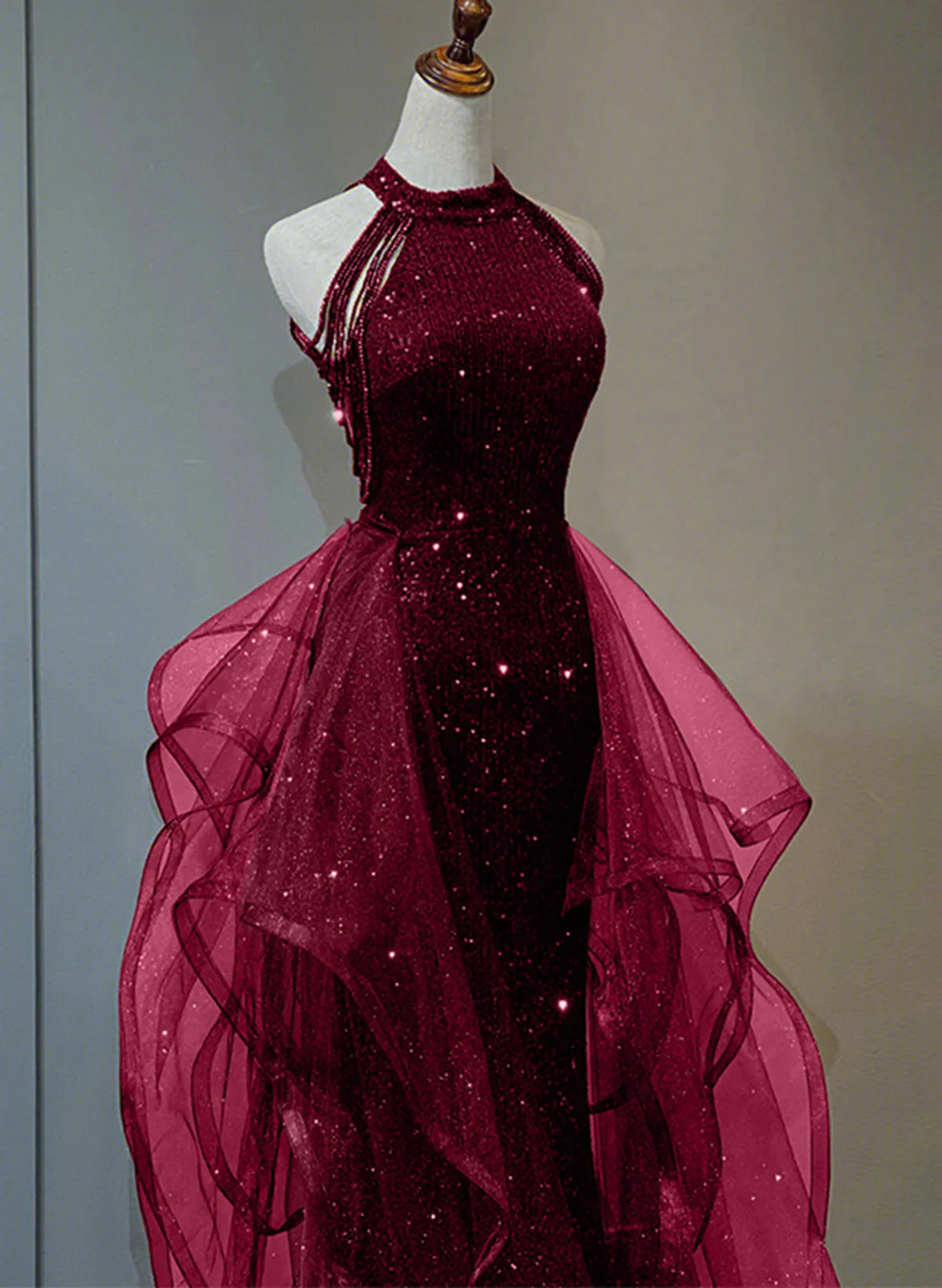 A-line Sequins with Tulle Wine Red Long Party Dress, Wine Red Halter Prom Dress TP1132