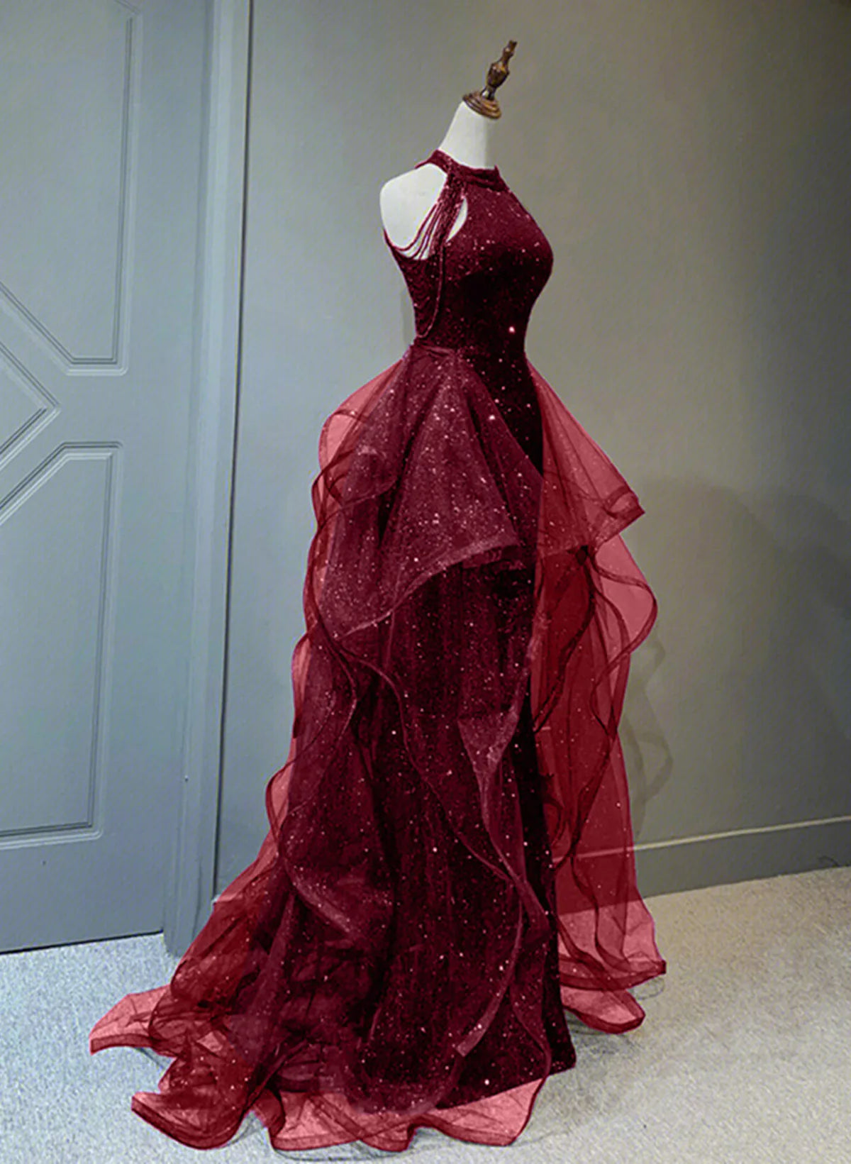 A-line Sequins with Tulle Wine Red Long Party Dress, Wine Red Halter Prom Dress TP1132
