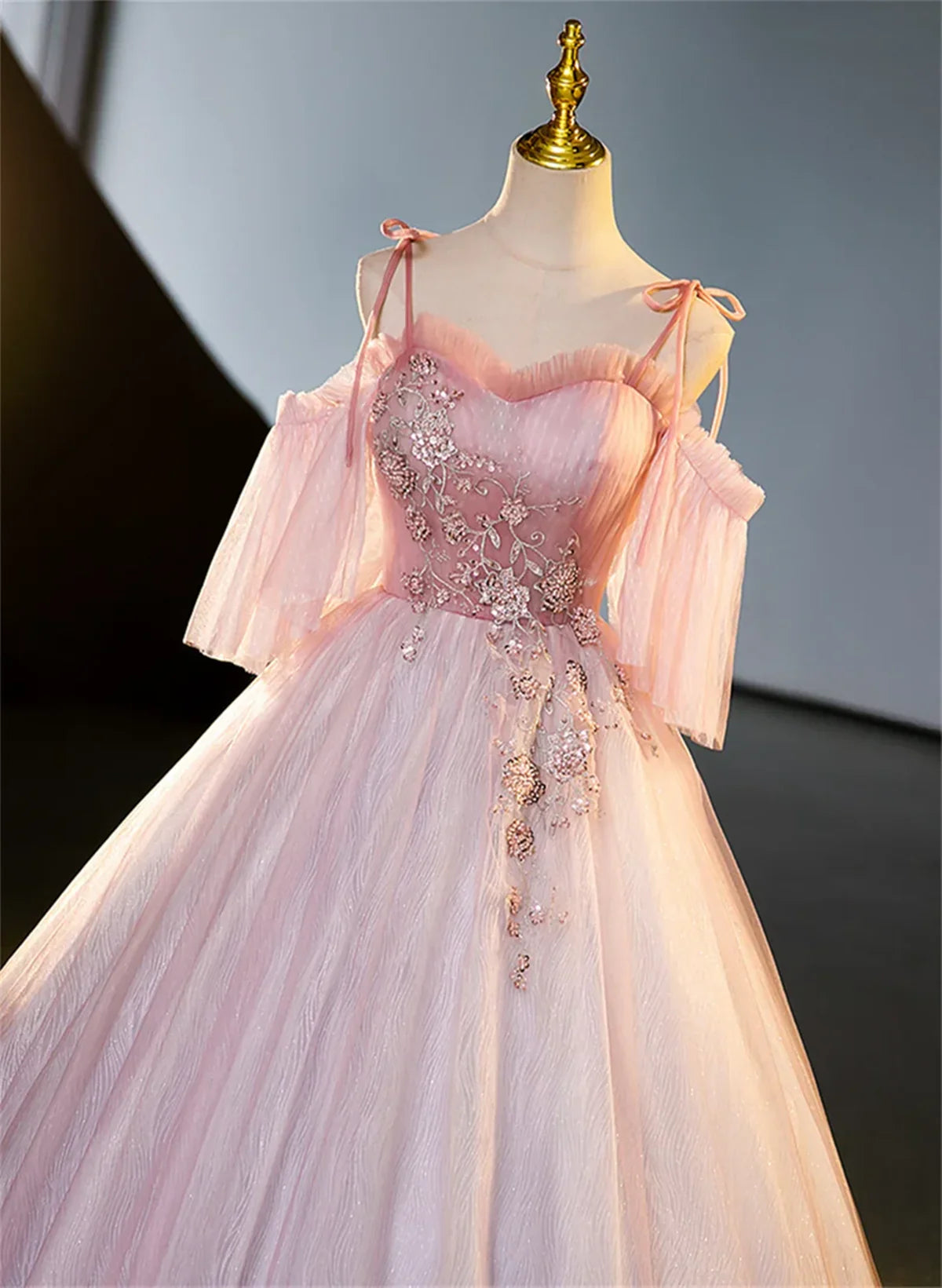 Vestido de fiesta rosa de tul con hombros descubiertos y cuentas, corte A, vestido de fiesta largo rosa de tul TP1135