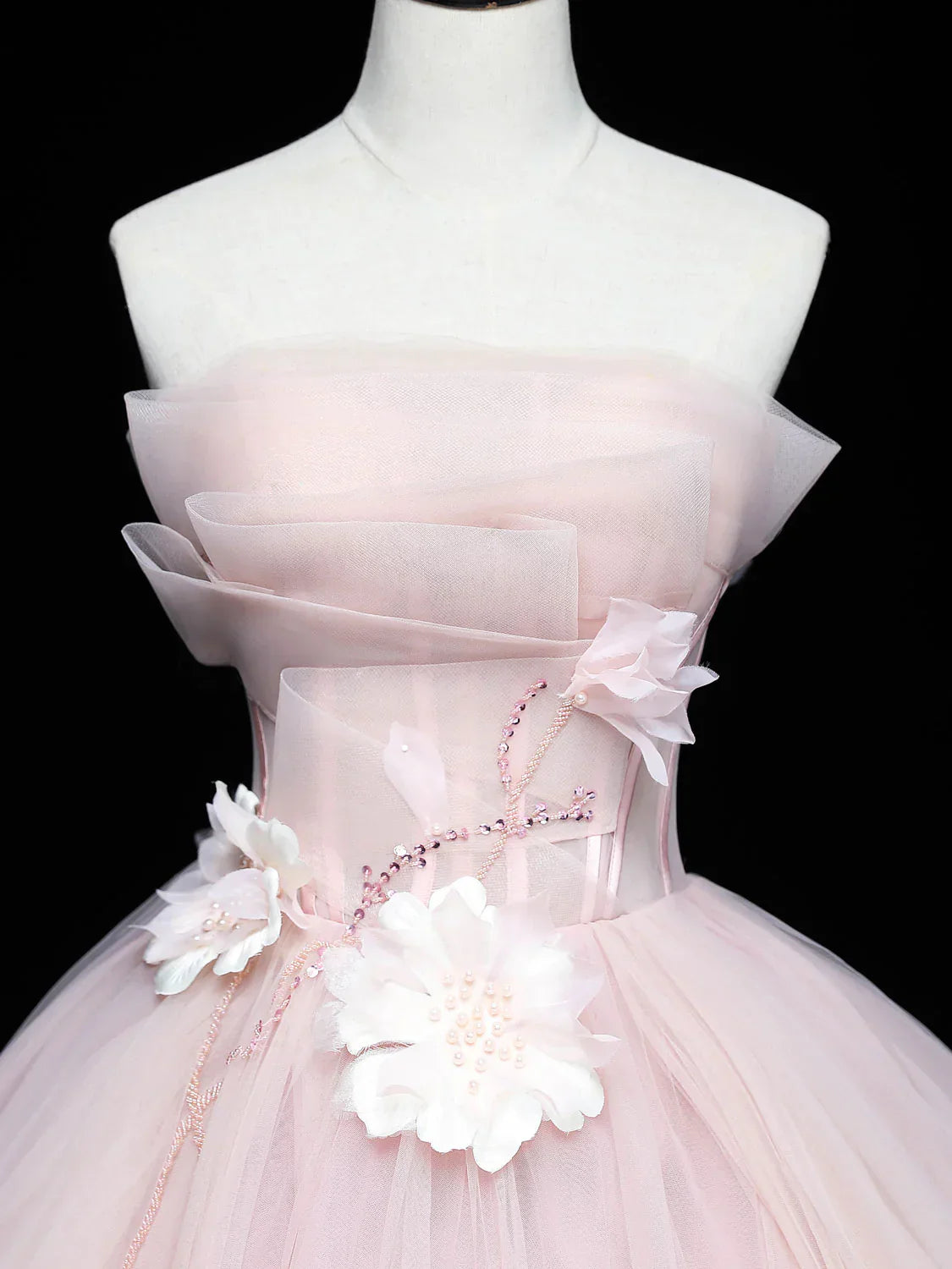 Vestido de fiesta rosa con escote redondo y tul para quinceañeras, vestido formal de tul rosa, vestido de fiesta TP1144