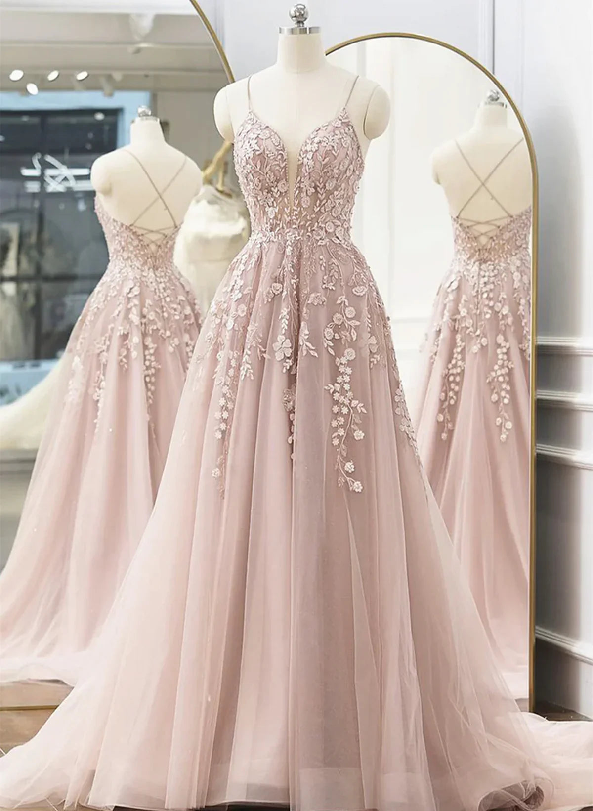 Vestido de fiesta largo de tul rosa con corte en A, vestido de fiesta de tul rosa con encaje, TP1156