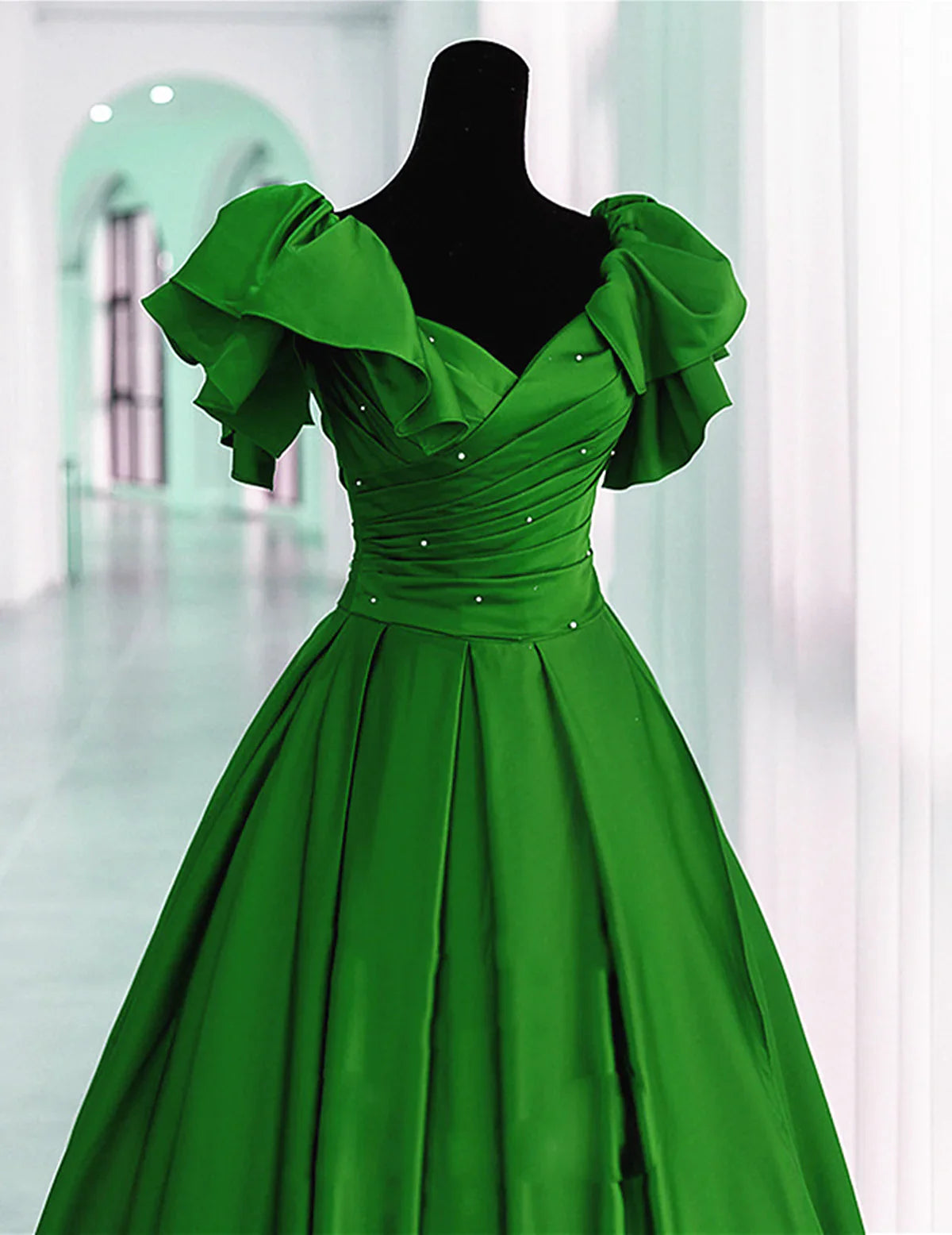 Vestido de fiesta largo de satén verde, vestido de fiesta verde de corte A, vestido de noche TP1158