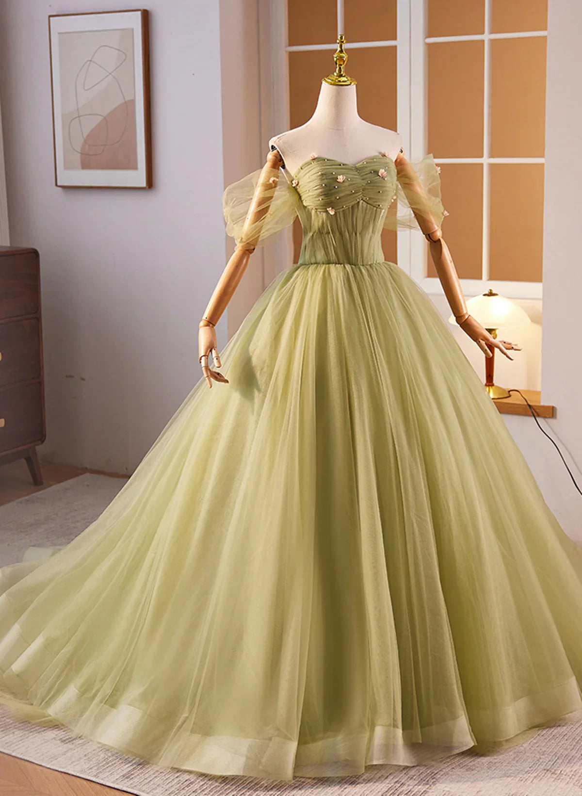 Precioso vestido de noche verde con escote en forma de corazón, vestido de fiesta verde para quinceañeras TP1161