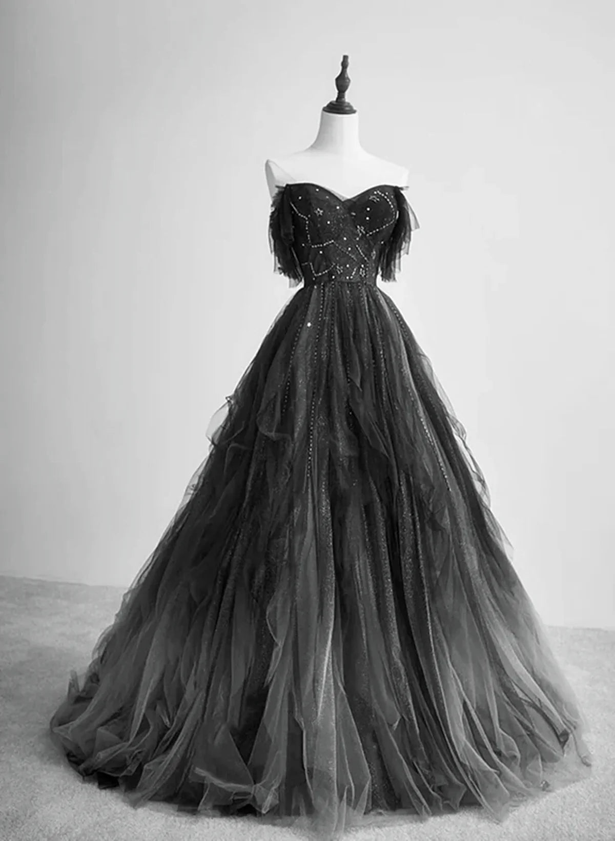 Vestido de fiesta largo de tul negro con hombros descubiertos y cuentas, vestido de noche de tul negro, vestido de fiesta TP1174