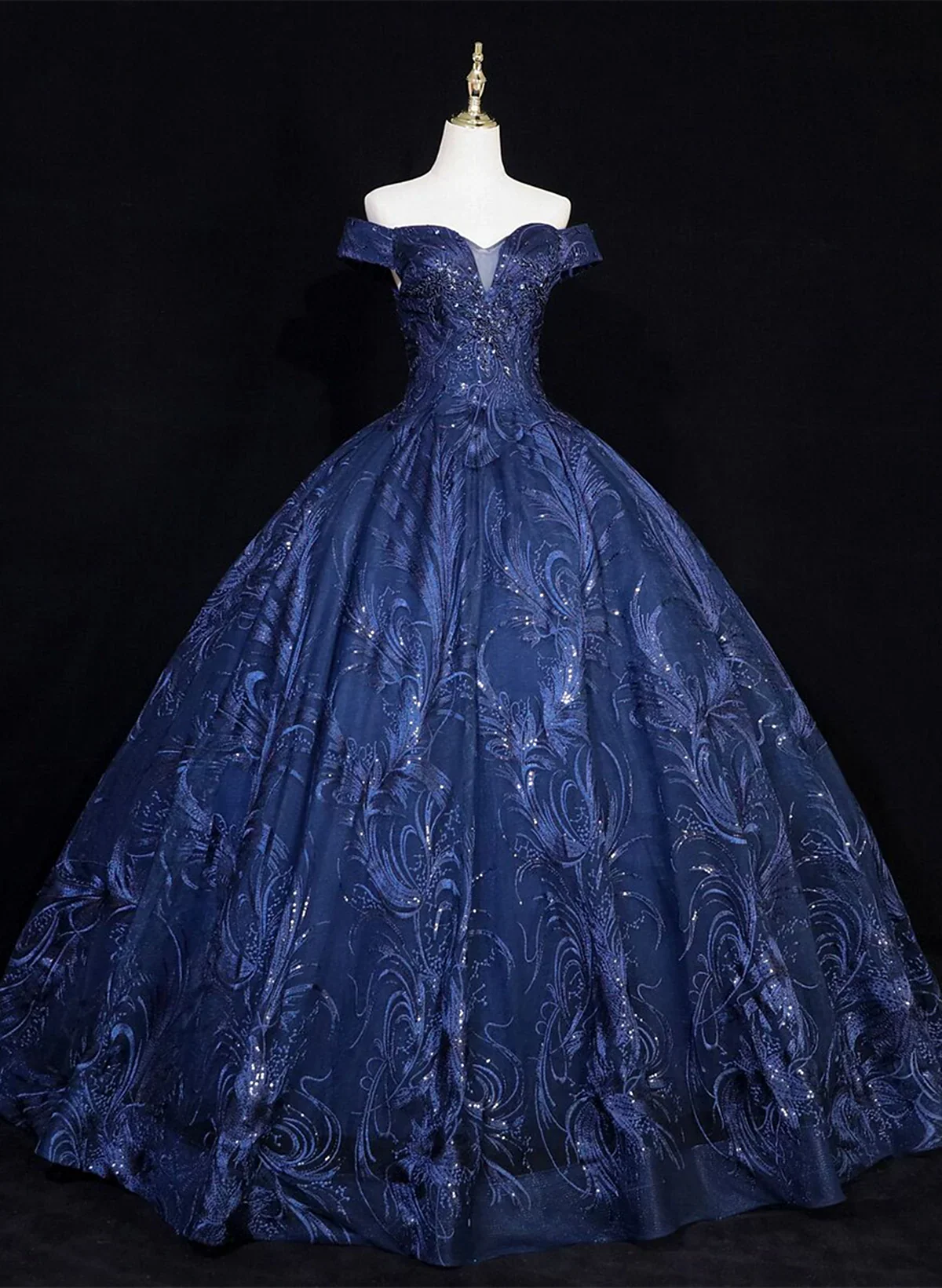 Precioso vestido de fiesta de tul floral azul marino para quinceañeras, vestido formal largo azul marino con hombros descubiertos TP1181
