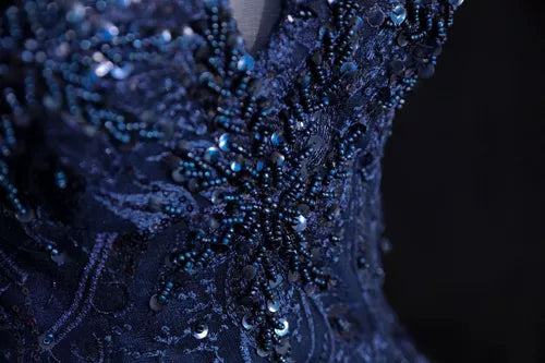Precioso vestido de fiesta de tul floral azul marino para quinceañeras, vestido formal largo azul marino con hombros descubiertos TP1181
