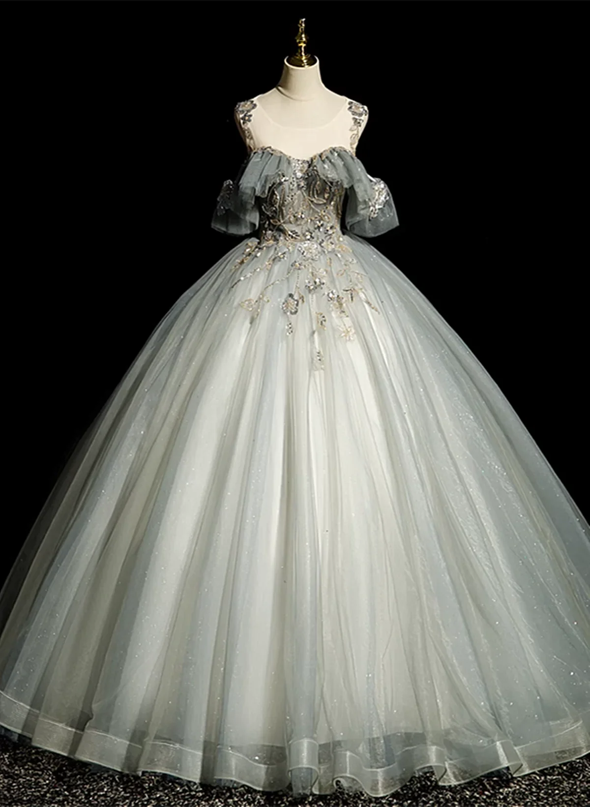 Green Ball Gown Round Neckline with Lace Sweet 16 Dress, Green Tulle Formal Dress TP1186
