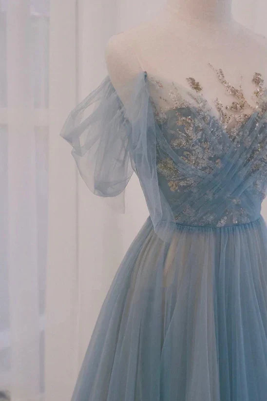 A-line Round Neckline Blue Tulle with Lace Long Party Dress, Tulle Evening Dress Prom Dress TP1222
