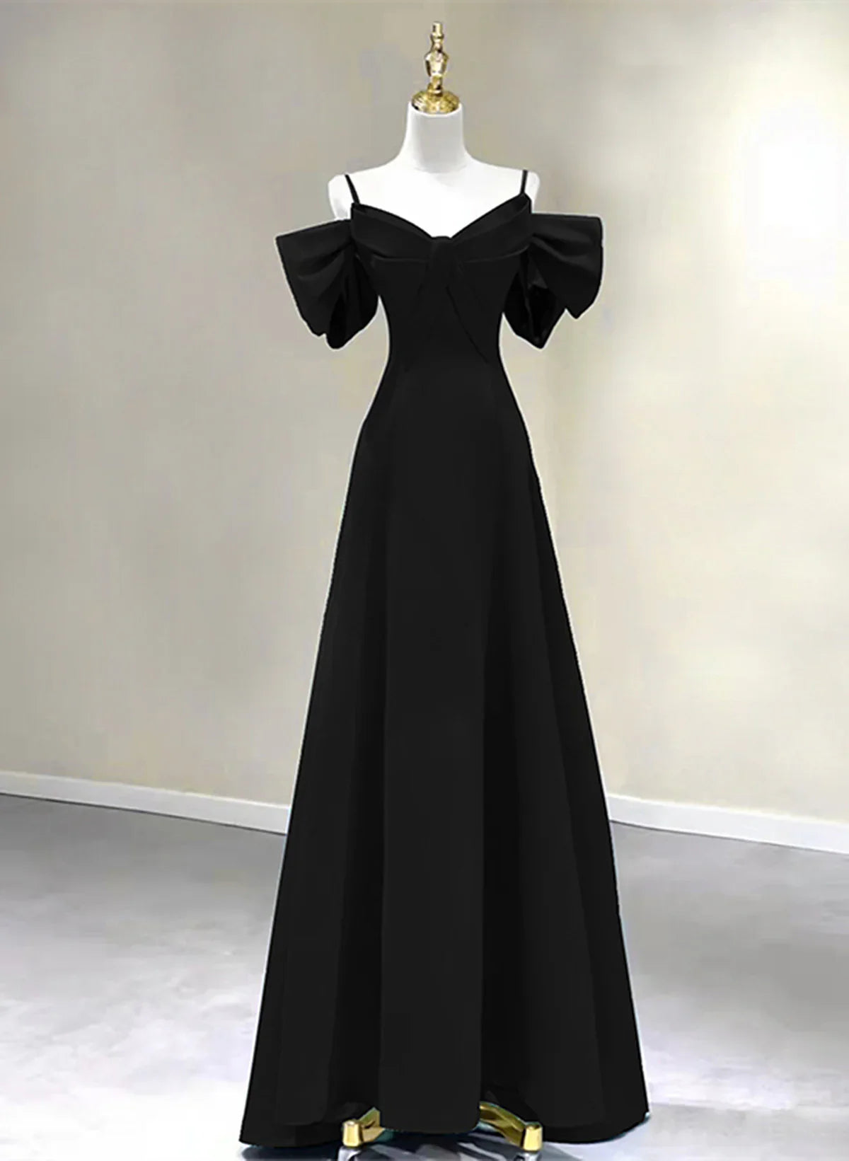 Hermoso vestido de fiesta largo negro de corte A, vestido de noche negro hasta el suelo TP1224