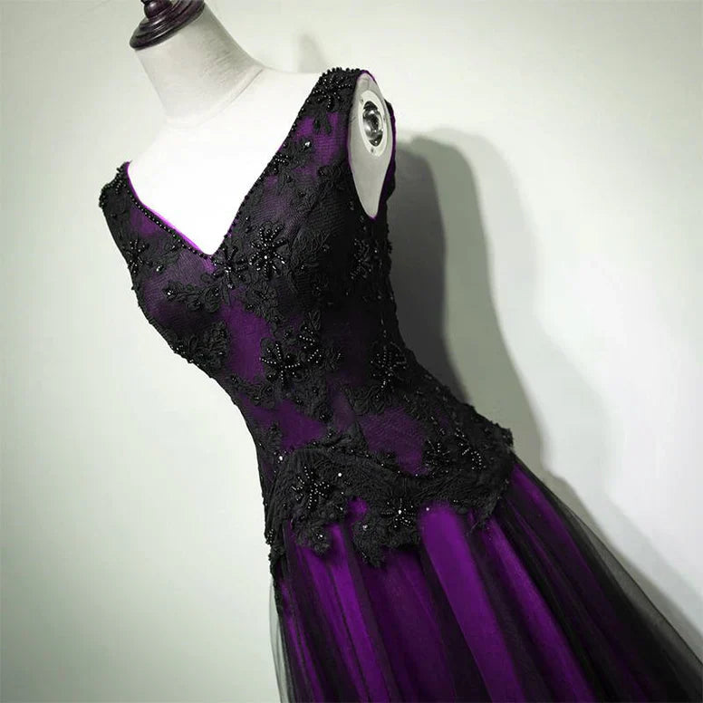 Black And Purple Tulle V-Neckline Beaded Prom Dress, Long Tulle Formal Dress Evening Dress TP1232