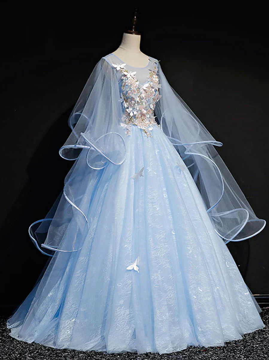 Vestido de fiesta de tul azul claro con mangas abullonadas, vestidos de quinceañera, vestidos formales azules TP1243