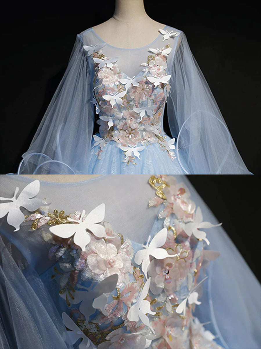 Vestido de fiesta de tul azul claro con mangas abullonadas, vestidos de quinceañera, vestidos formales azules TP1243