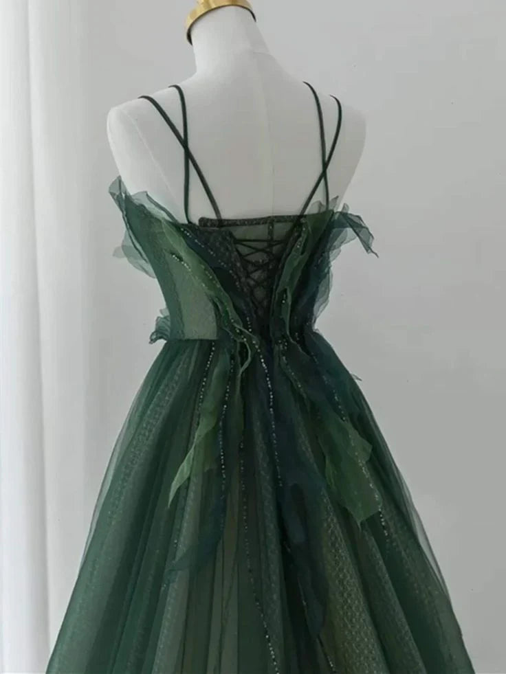 Green Straps Tulle Long A-line Party Dress, Green Floor Length Prom Dress TP1254