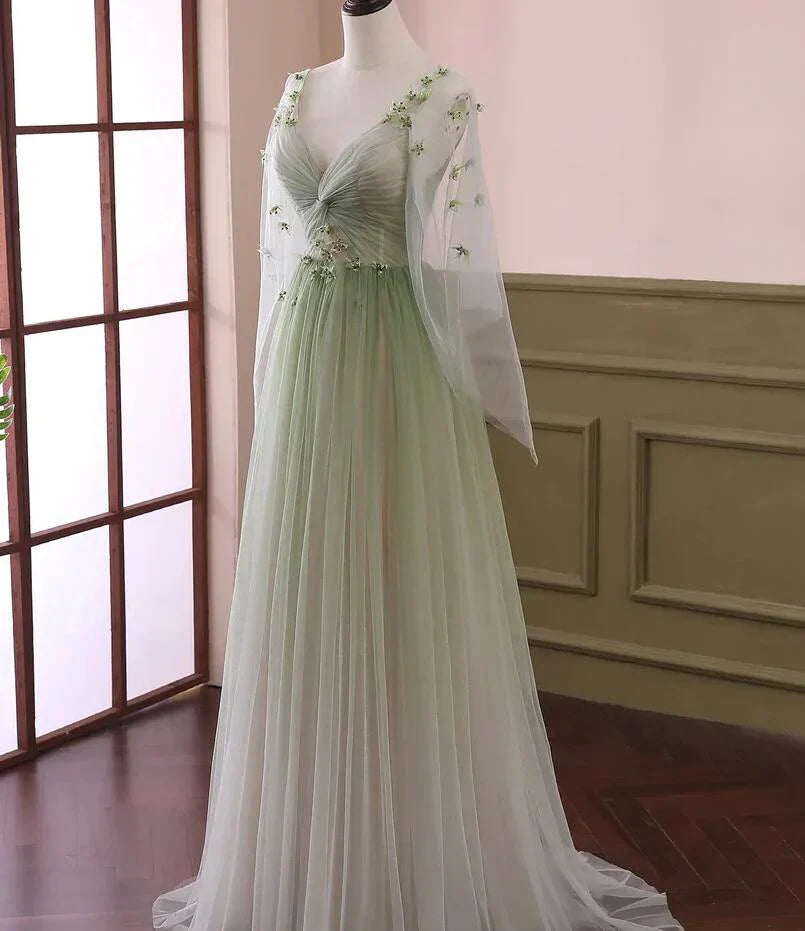 Vestido de fiesta largo con mangas abullonadas y degradado verde, corte A y cuentas, TP1257