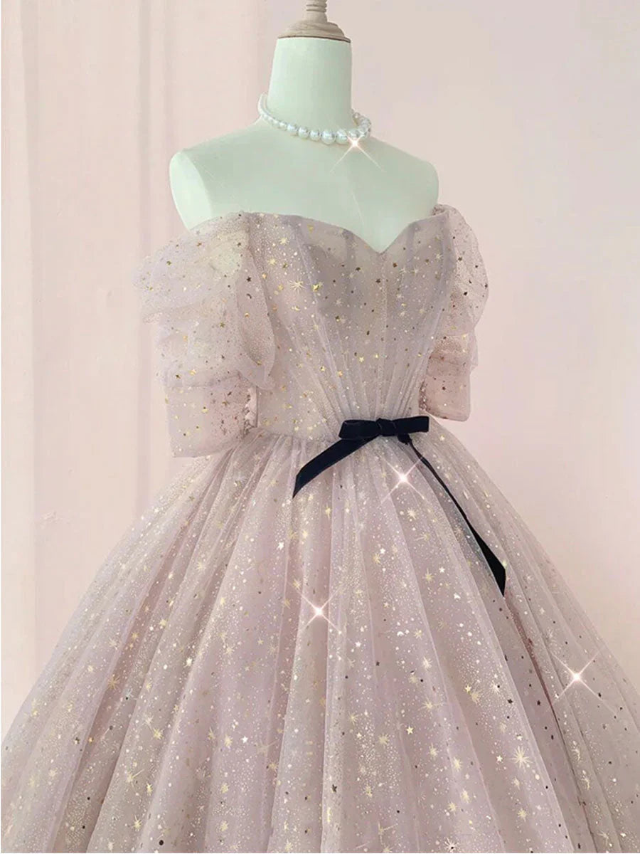 Vestido de fiesta largo de tul rosa con mangas cortas y encaje de tul TP1268