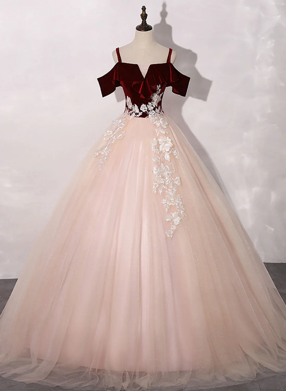 Vestido de fiesta de terciopelo y tul rosa y rojo vino, vestido formal de gala con apliques de encaje TP1269