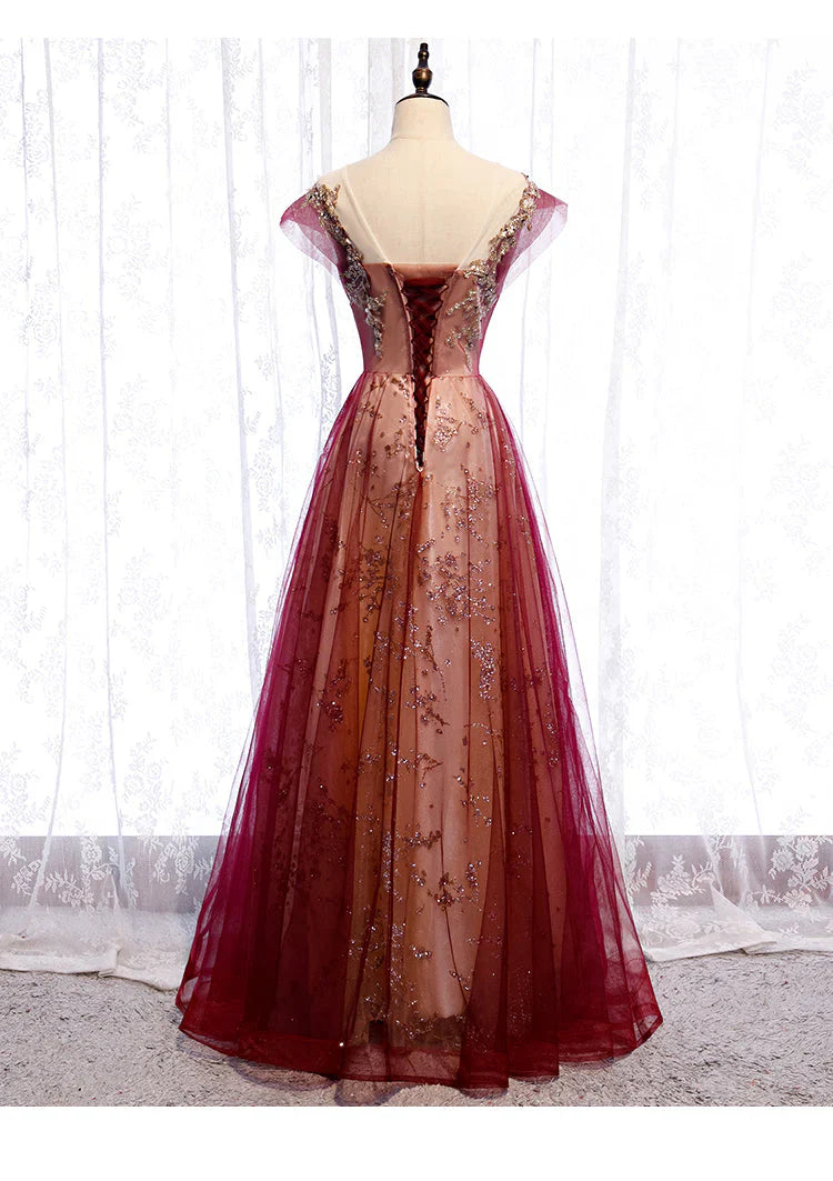 Vestido de fiesta de tul rojo vino degradado con escote en forma de corazón, corte A, vestido formal encantador TP1286